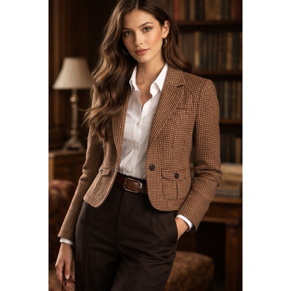 American Eagle VTG Wool Blend Tailored‎ Houndstooth Blazer Size M Dark Academia - Picture 2 of 16